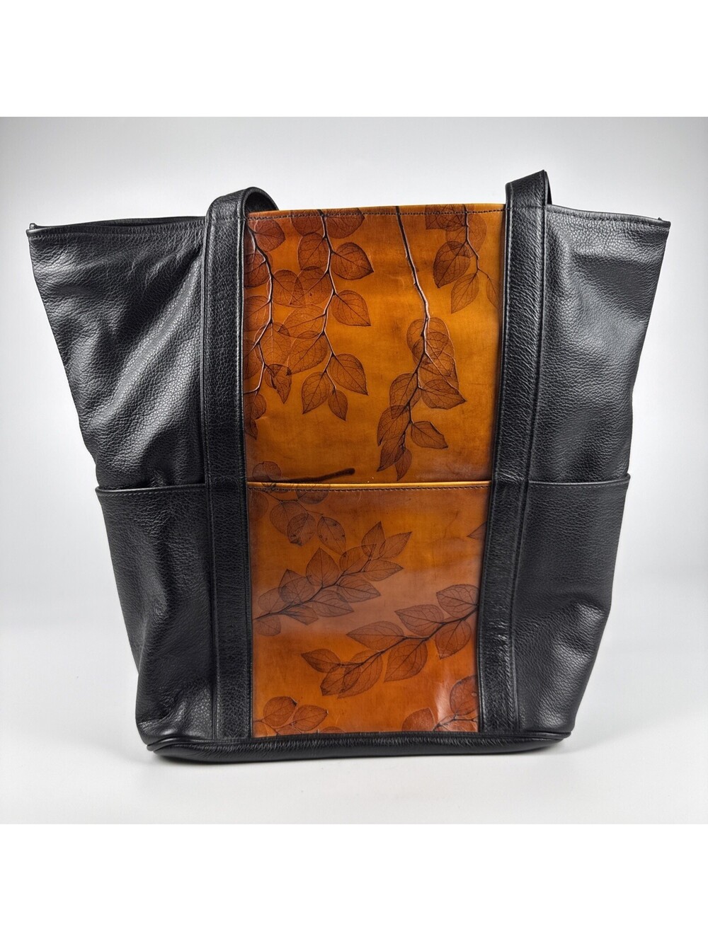 CL Whiting Leaf Leather Tote Bag Medium Black Brown Hand Tooled Handbag Purse
